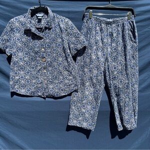 100% Cotton Vintage Koret Geometric Blue Two-Piece Capri Set natural fibers